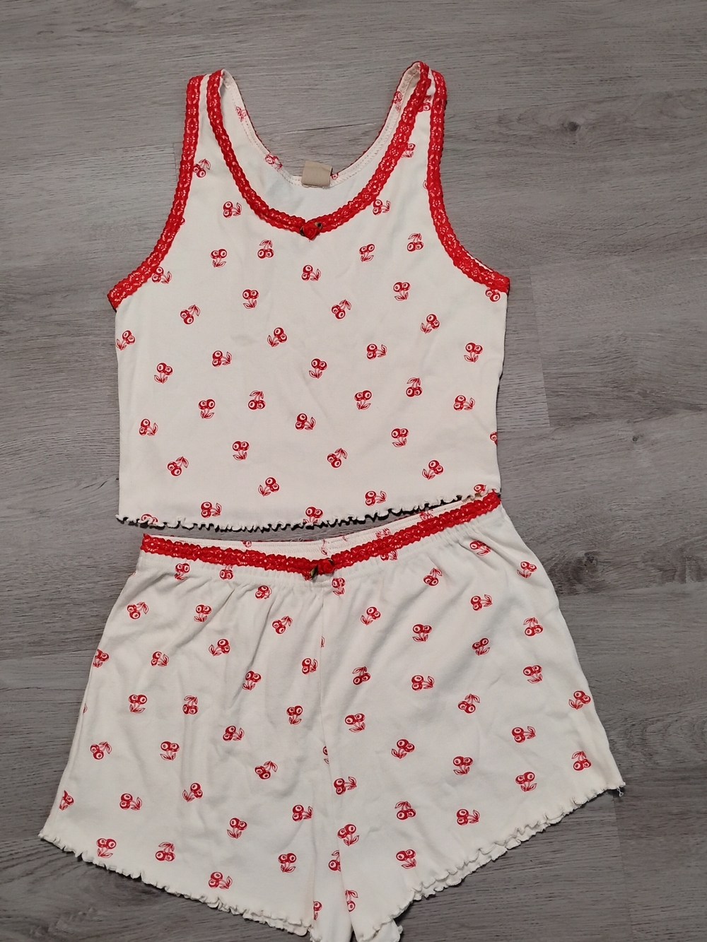 Messy Bun Just Chillin White Tank & Short Pajama Set with Red Cherries Medium